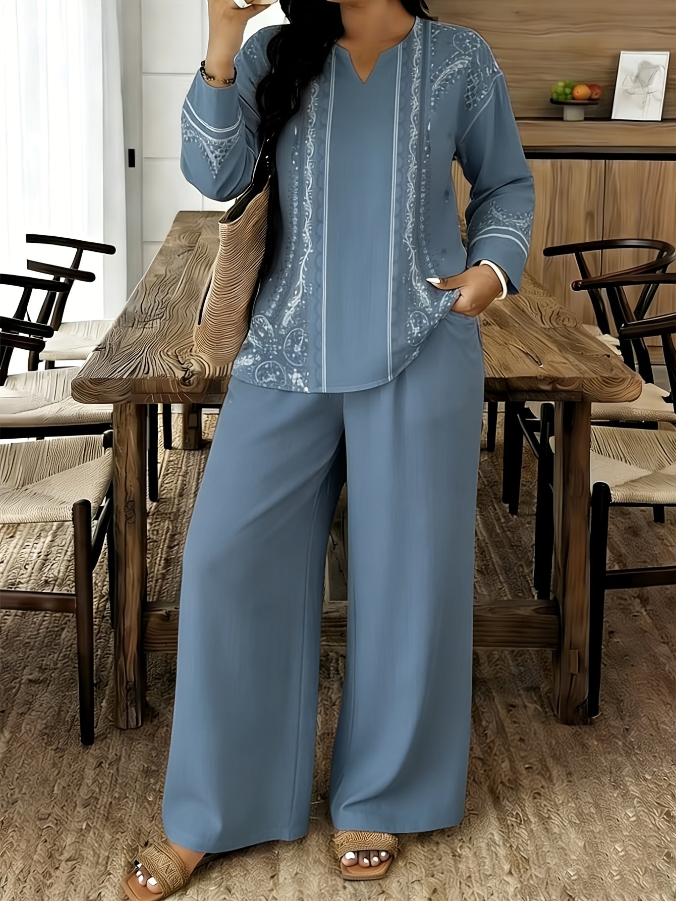 Women's Two-Piece Outfit Set - Graphic V-Neck – 7-Color Selection – Blue option – view 2