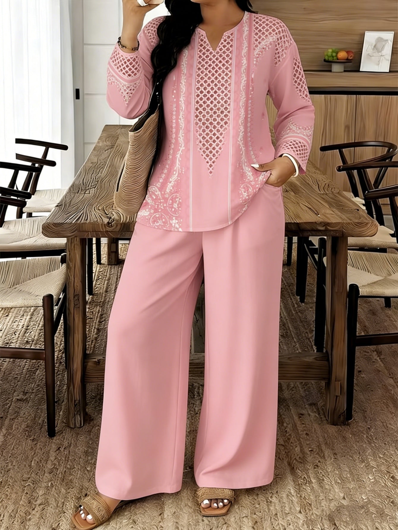 Women's Two-Piece Outfit Set - Graphic V-Neck – 7-Color Selection – Blue option – view 3