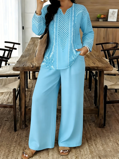 Women's Two-Piece Outfit Set - Graphic V-Neck – 7-Color Selection – Blue option – view 6
