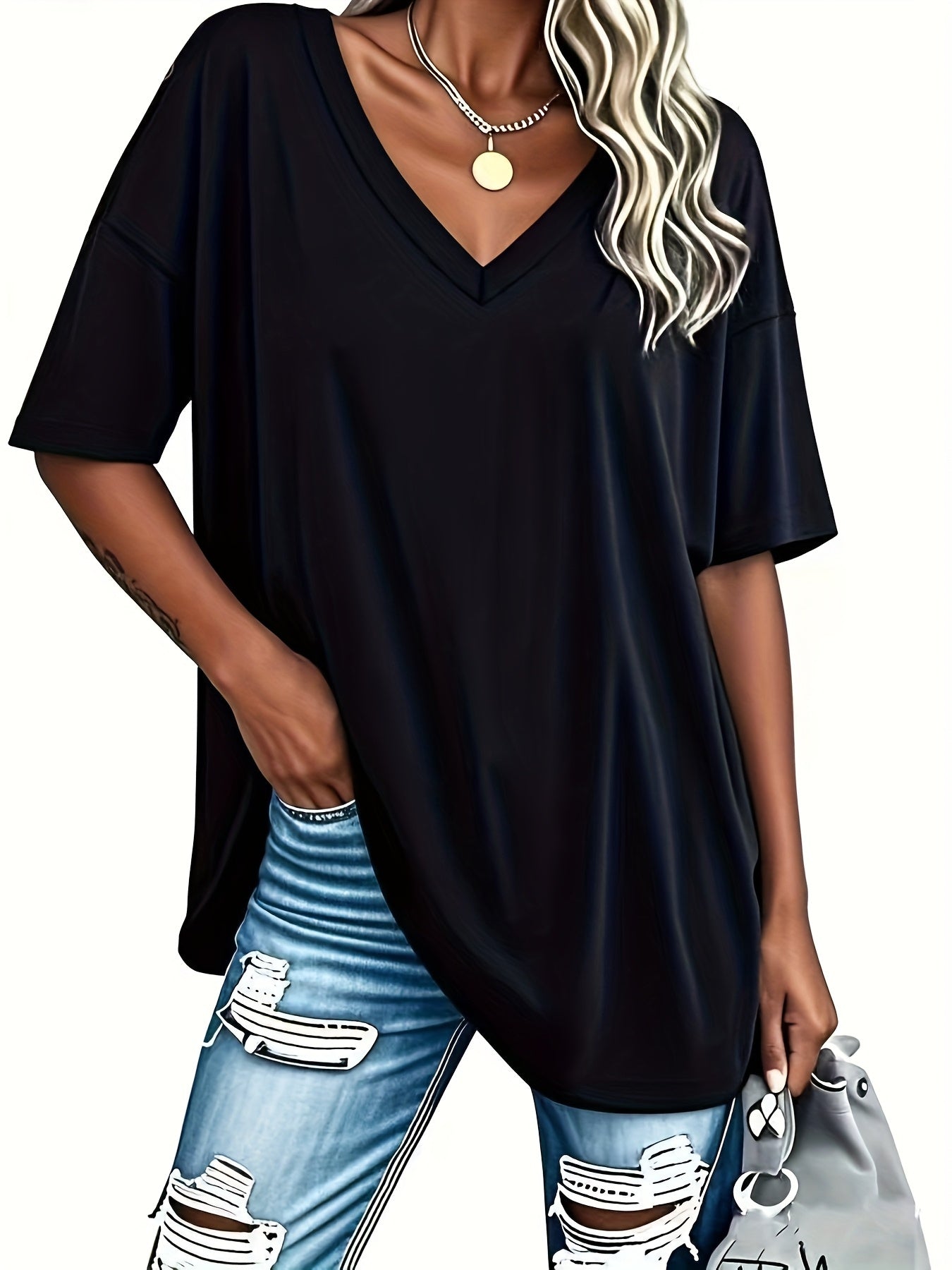 Women's Two-Piece Outfit Set - Short Sleeve – Black+White Polyester V-Neck – view 8