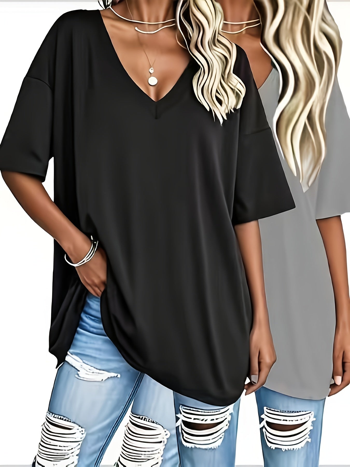 Women's Two-Piece Outfit Set - Short Sleeve – Black+White Polyester V-Neck – view 12