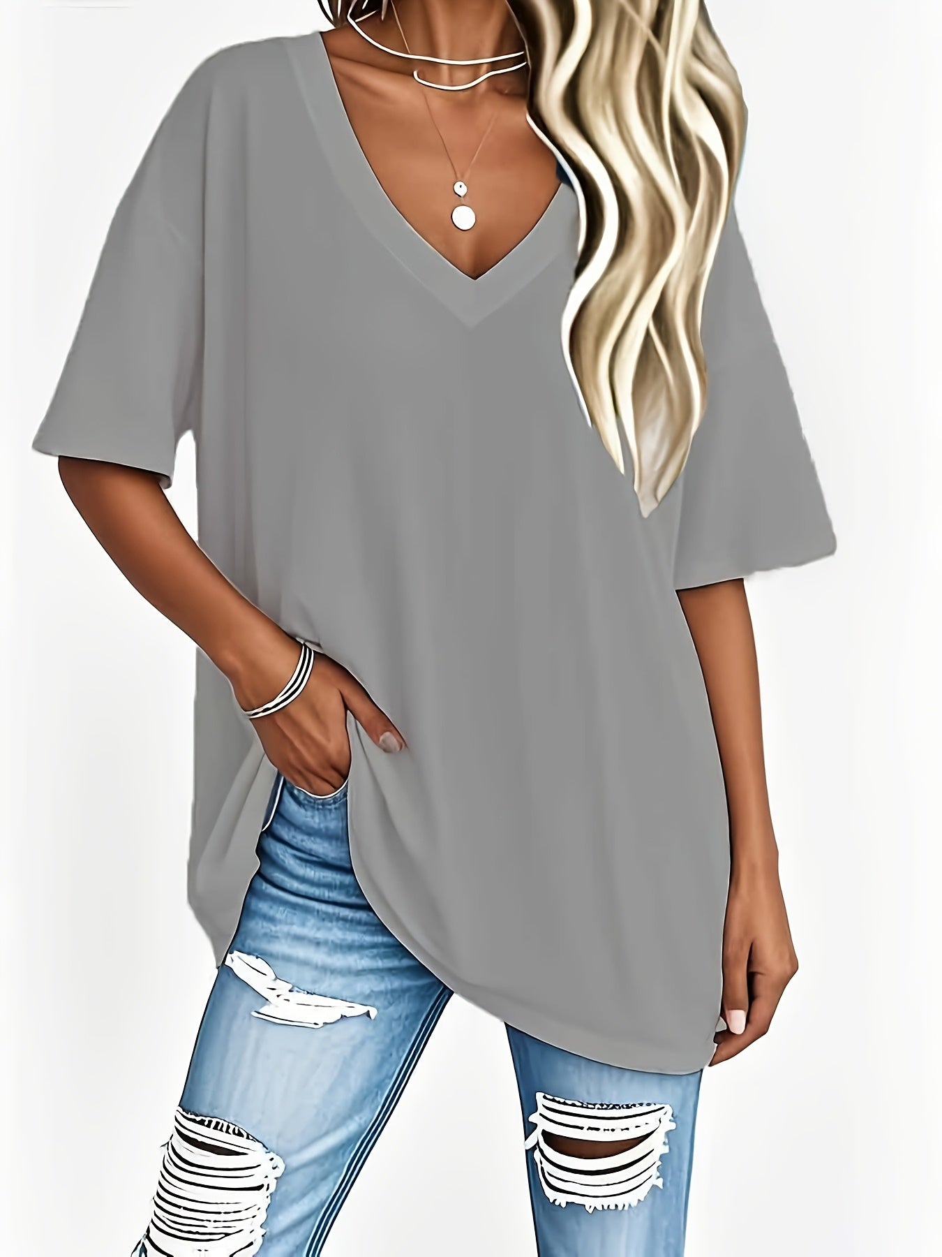 Women's Two-Piece Outfit Set - Short Sleeve – Black+White Polyester V-Neck – view 13