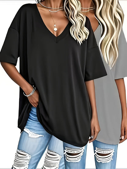 Women's Two-Piece Outfit Set - Short Sleeve – Black+White Polyester V-Neck – view 14
