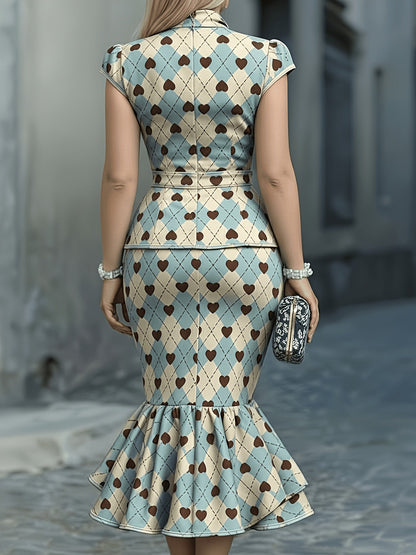 Women's Two-Piece Outfit Set - Short Sleeve – Blue And White detail view