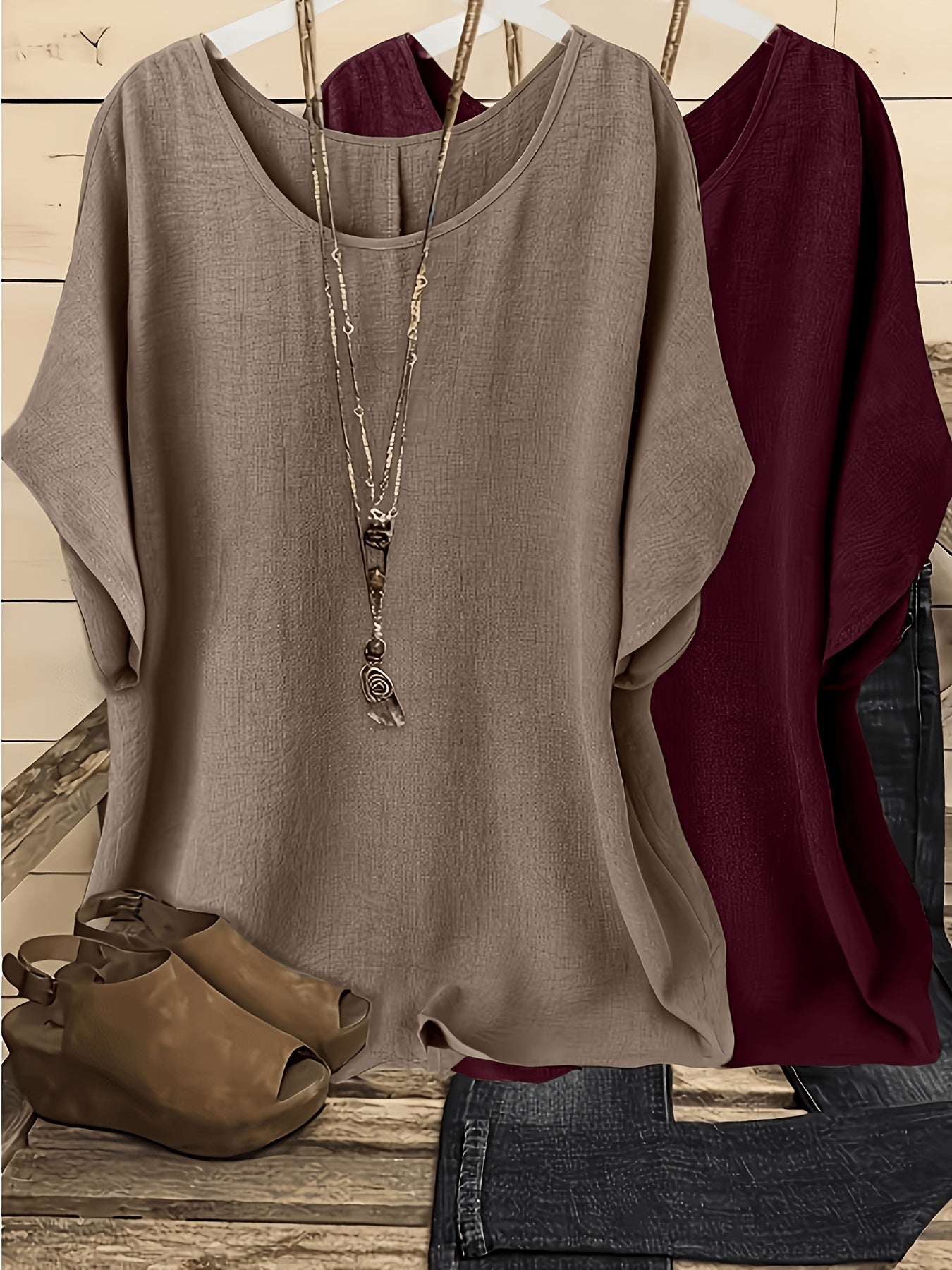 Women's Two-Piece Outfit Set - Short Sleeve – Brown & Wine Red / Brown & Gray detail view