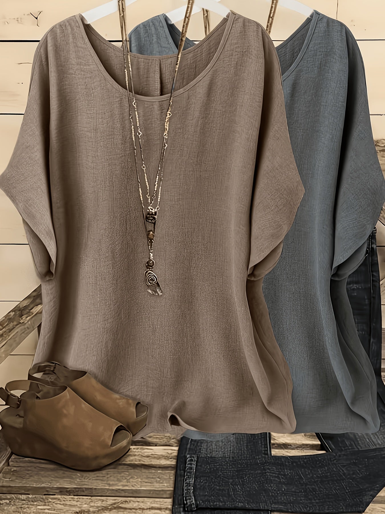 Women's Two-Piece Outfit Set - Short Sleeve – Brown & Wine Red / Brown & Gray detail view
