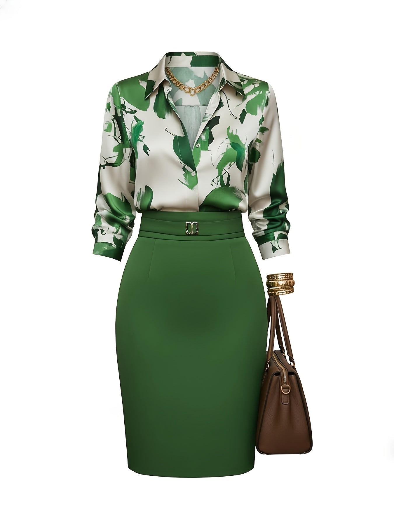 Women's Two-Piece Outfit Set - Short Sleeve – Dark Green detail view