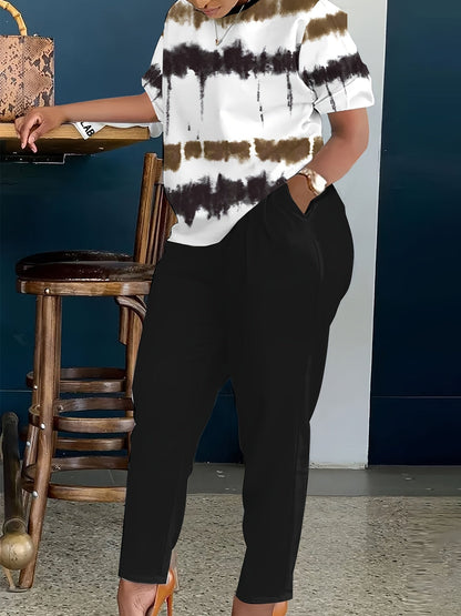 Women's Two-Piece Outfit Set - Short Sleeve – Peach / Black – view 3