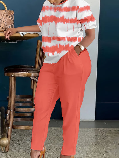 Women's Two-Piece Outfit Set - Short Sleeve – Peach / Black – view 7