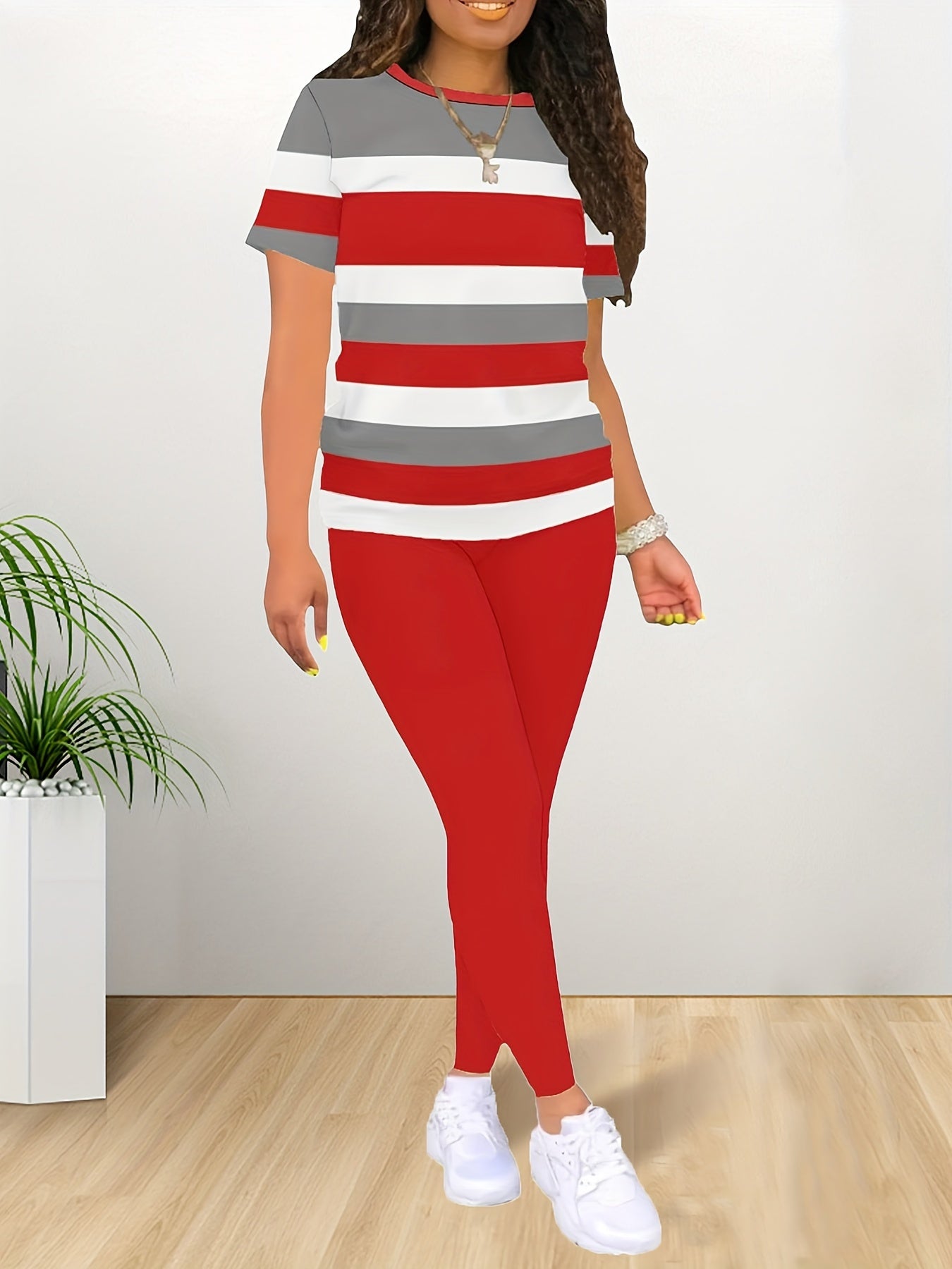 Women's Two-Piece Outfit Set - Short Sleeve – Red / Golden – view 6