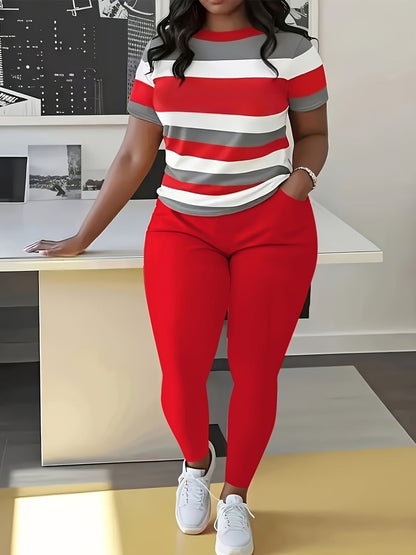 Women's Two-Piece Outfit Set - Short Sleeve – Red / Golden – view 7
