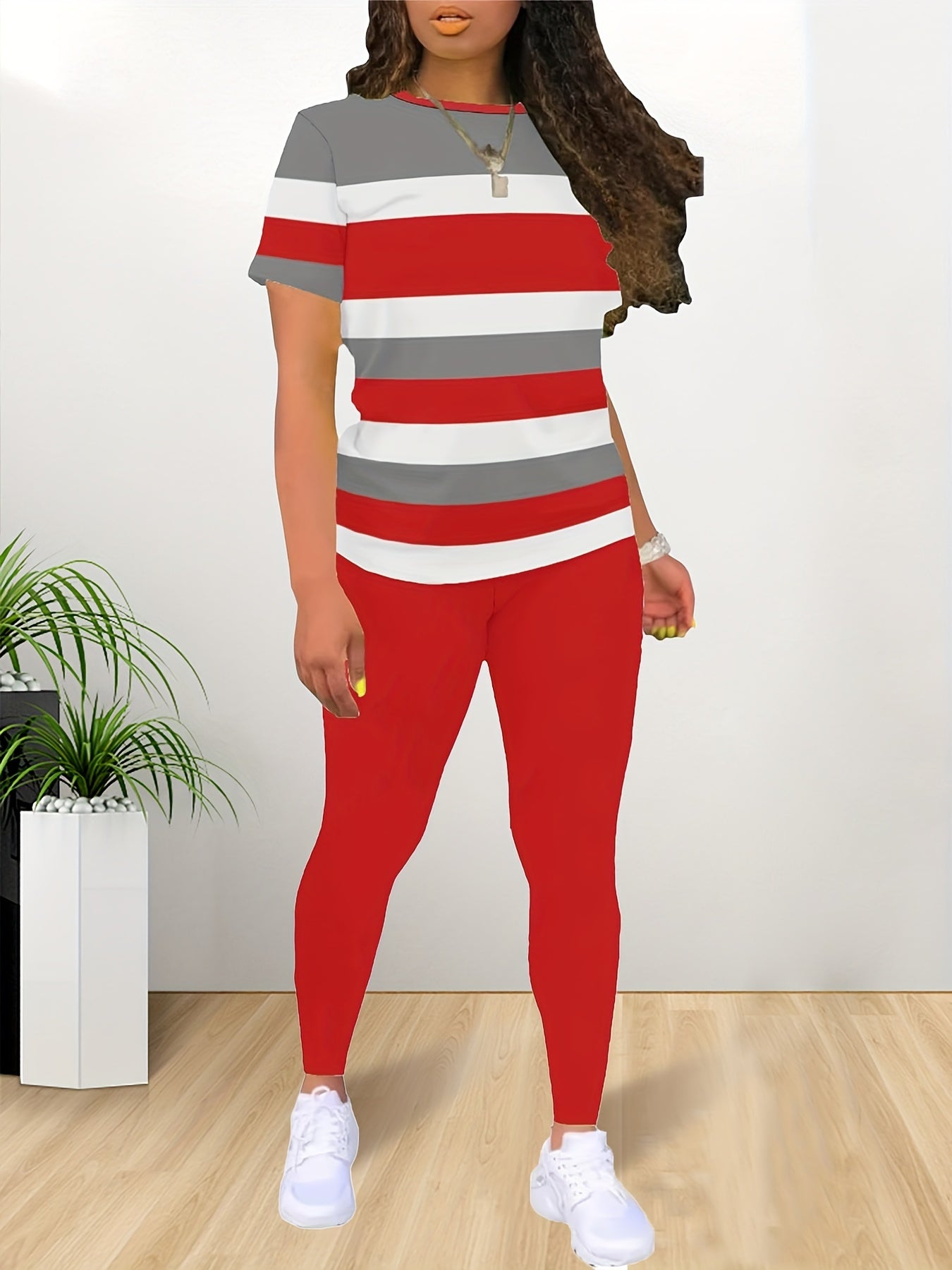 Women's Two-Piece Outfit Set - Short Sleeve – Red / Golden – view 10