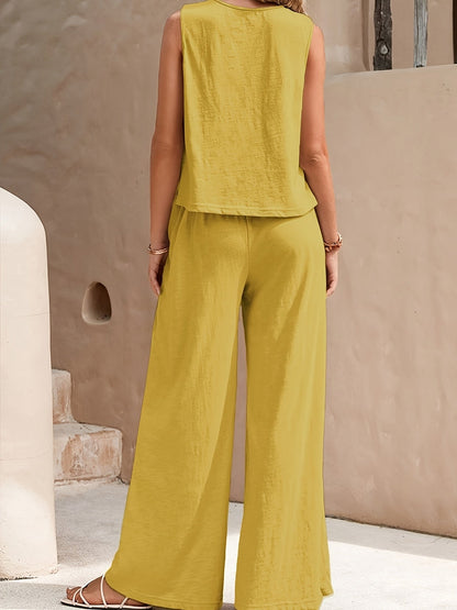 Women's Two-Piece Outfit Set - Wide-Leg – Apricot / Yellow detail view