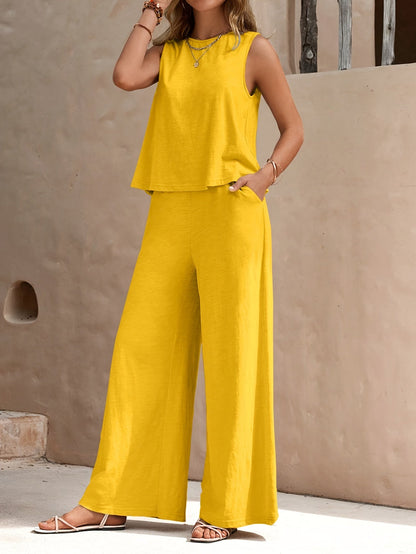 Women's Two-Piece Outfit Set - Wide-Leg – Apricot / Yellow detail view
