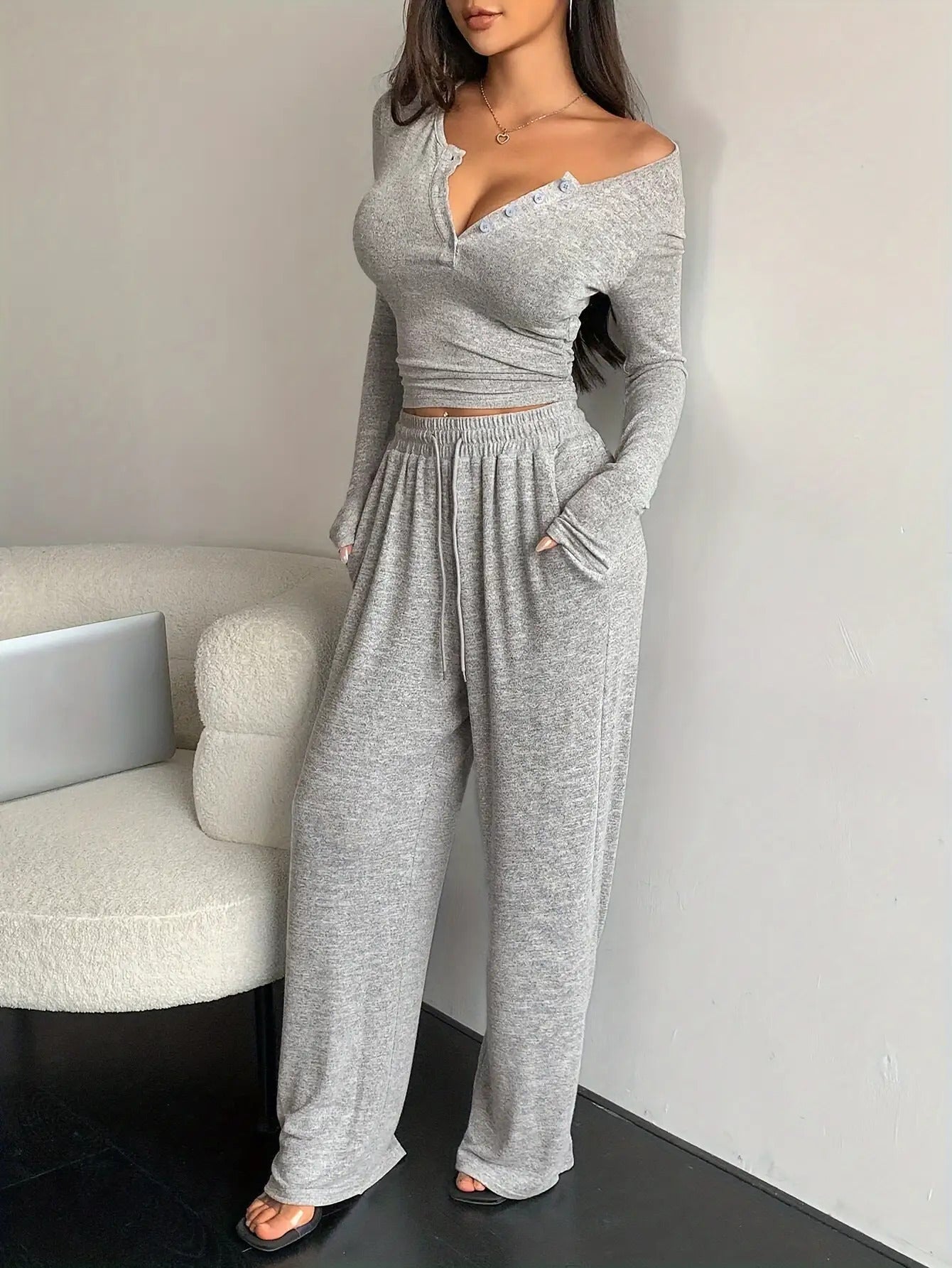 Women's Two-Piece Outfit Set - Wide-Leg – Light Grey – view 8