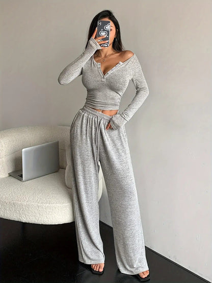 Women's Two-Piece Outfit Set - Wide-Leg – Light Grey – view 12