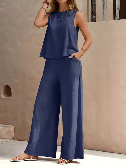 Women's Two-Piece Outfit Set - Wide-Leg – Sea Blue / Black detail view