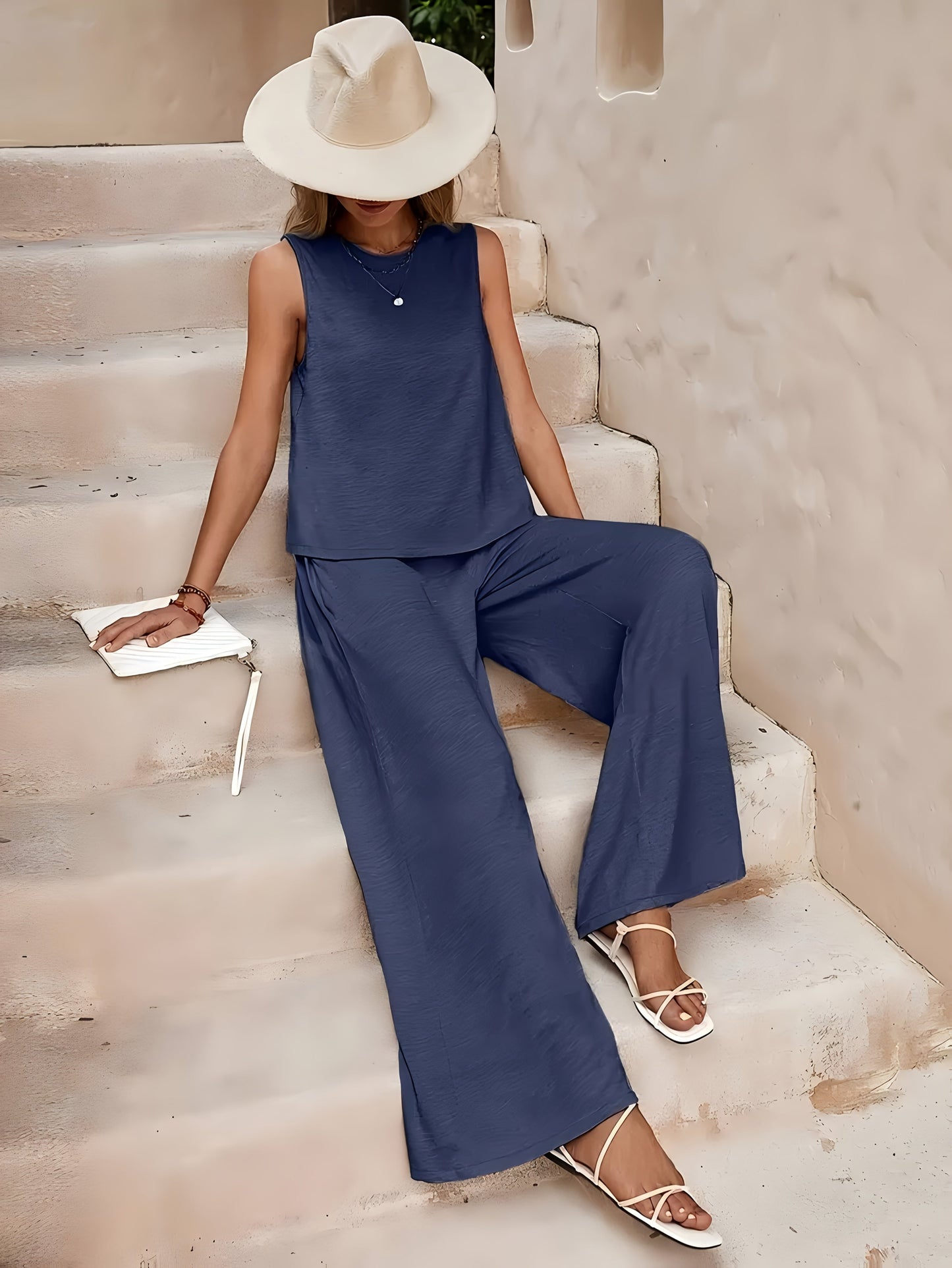 Women's Two-Piece Outfit Set - Wide-Leg – Sea Blue / Black detail view