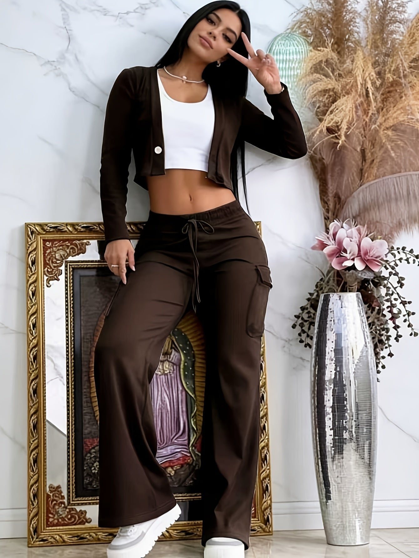 Women's Two-Piece Pants Set - Button Detail Vacation Matching Look detail view