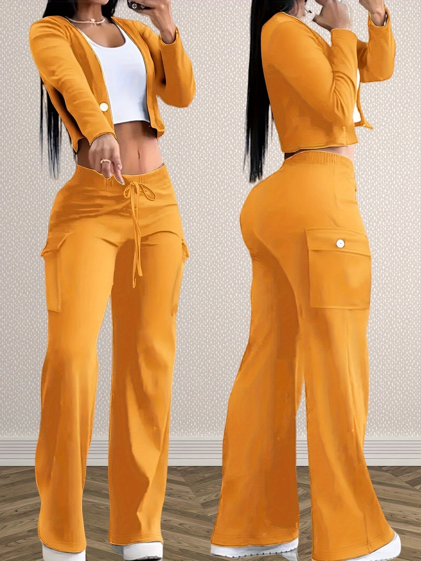 Women's Two-Piece Pants Set - Button Detail Vacation Matching Look – Black option – view 5