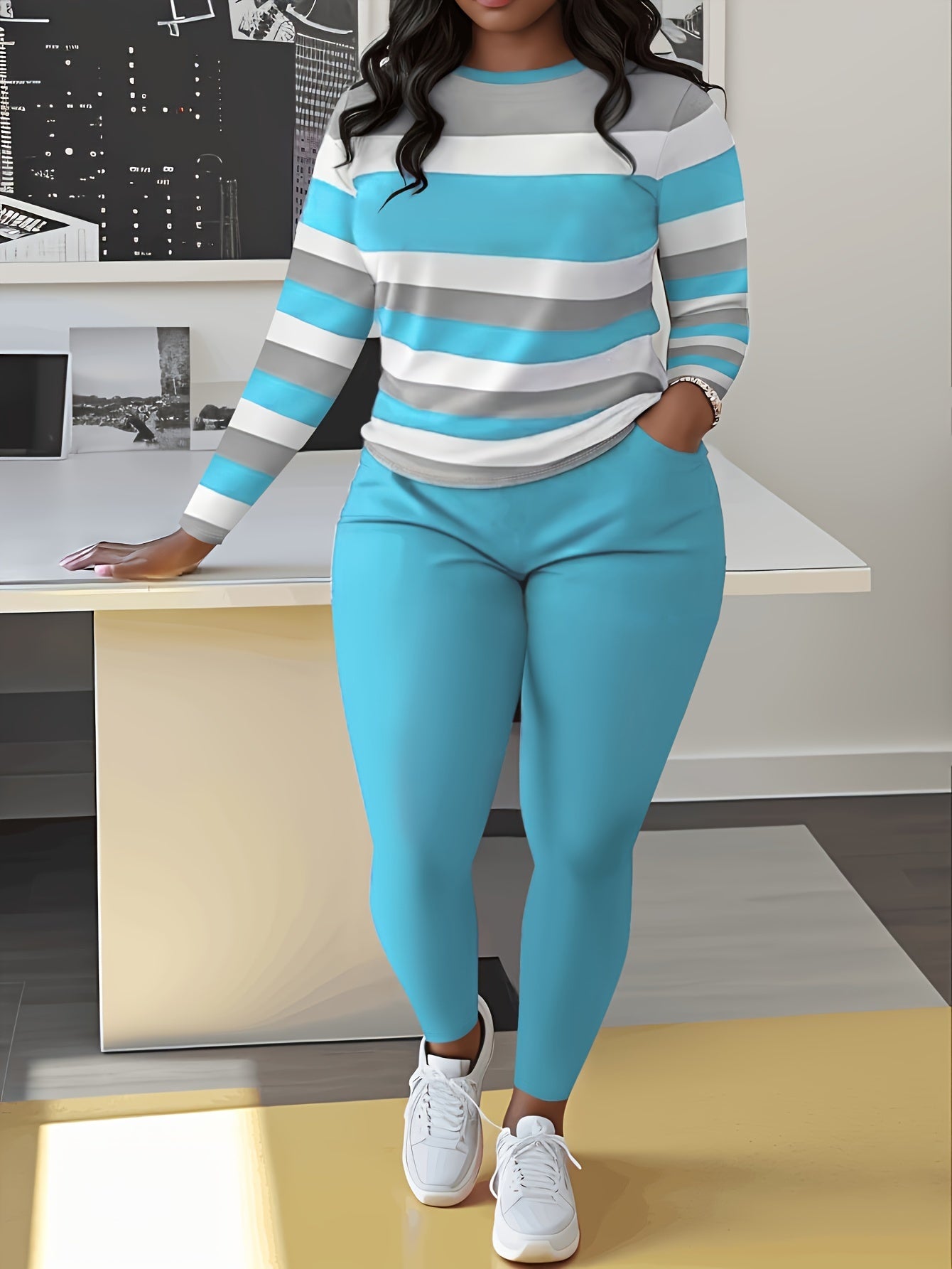 Women's Two-Piece Pants Set - Color Block – Sizes 0XL–2XL detail view