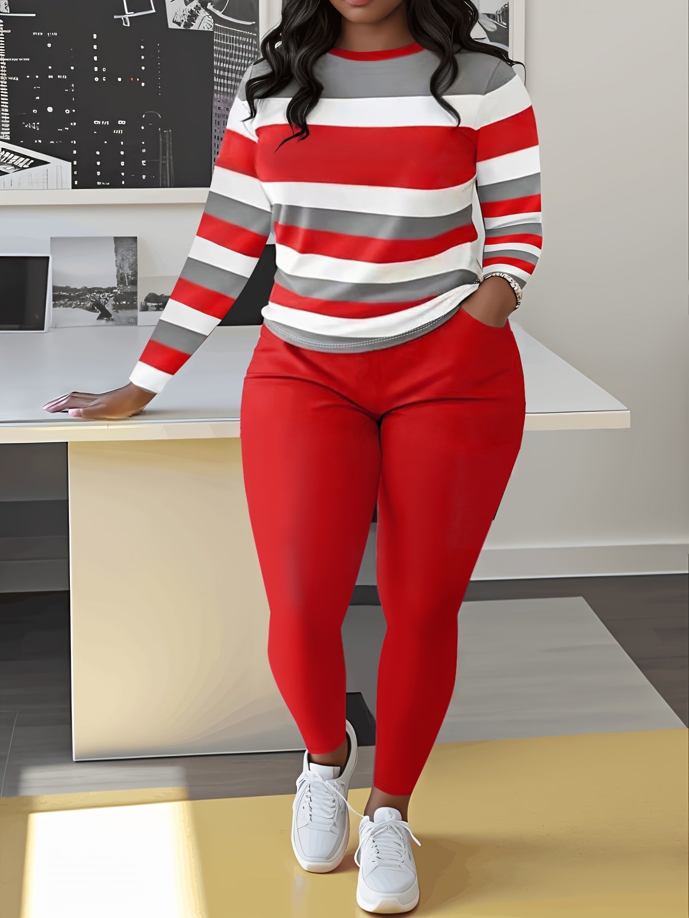Women's Two-Piece Pants Set - Color Block – Sizes 0XL–2XL detail view