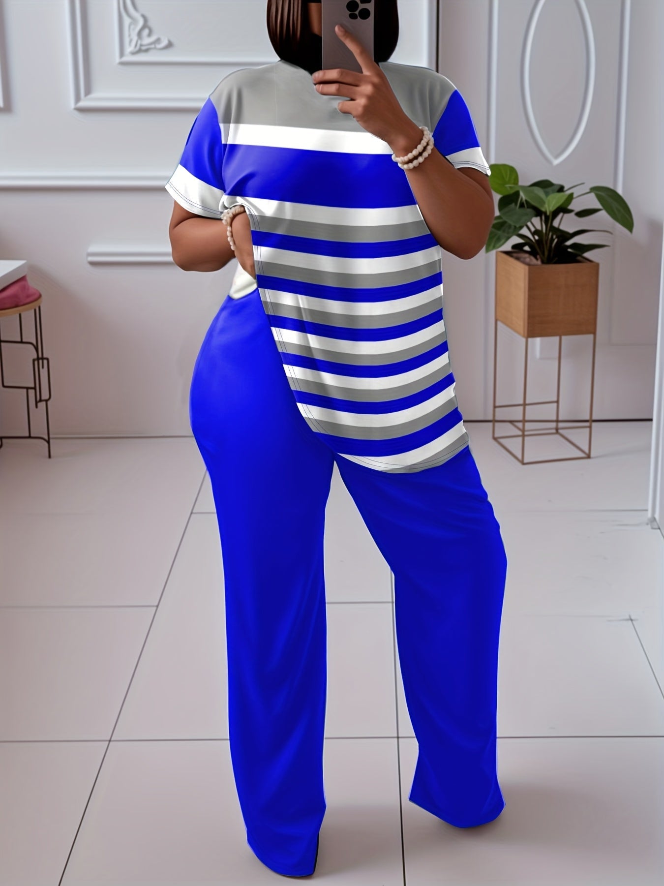 Women's Two-Piece Pants Set - Color Block – Sky Blue detail view