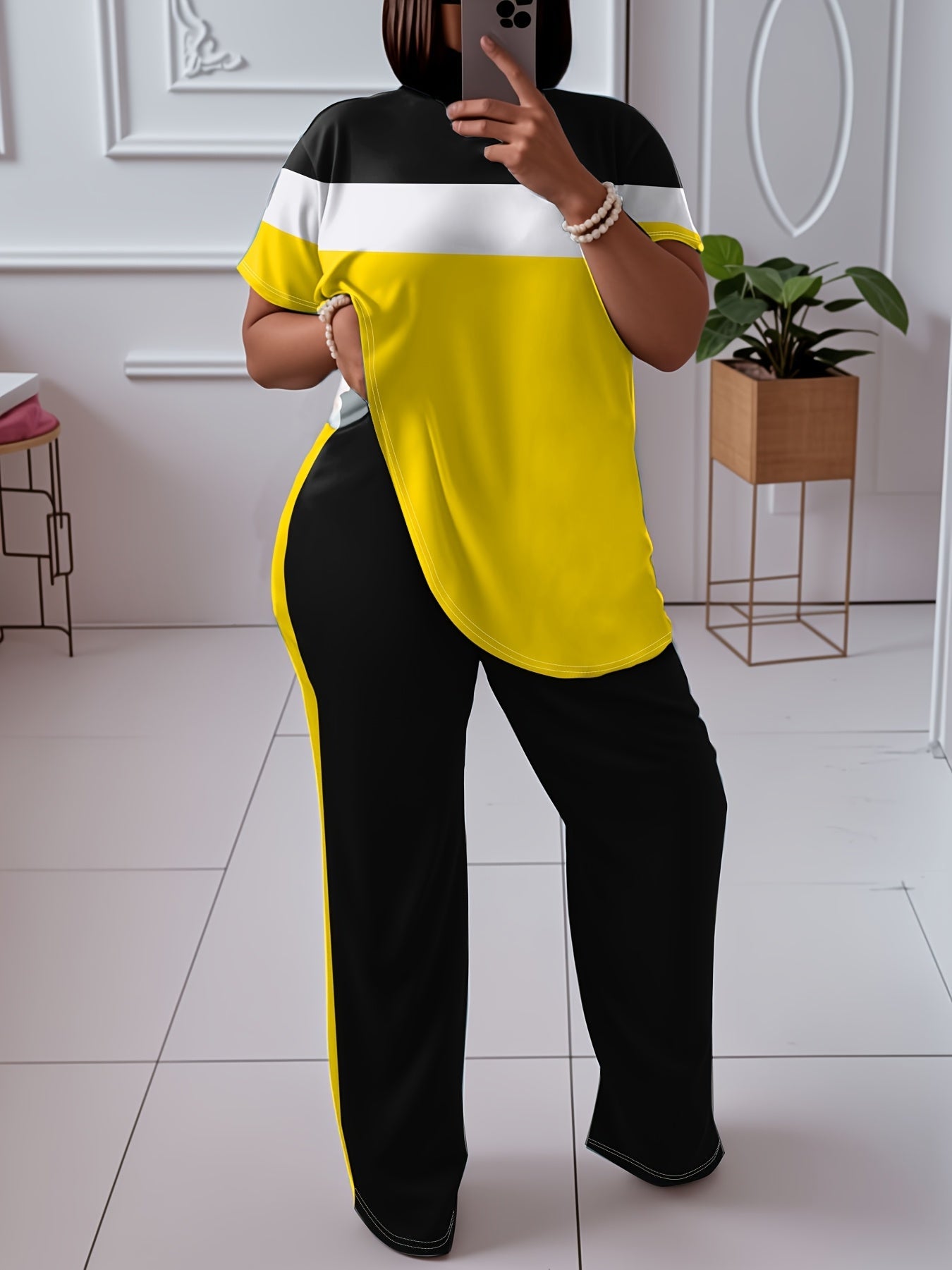 Women's Two-Piece Pants Set - Color Block – Yellow / Burgundy detail view