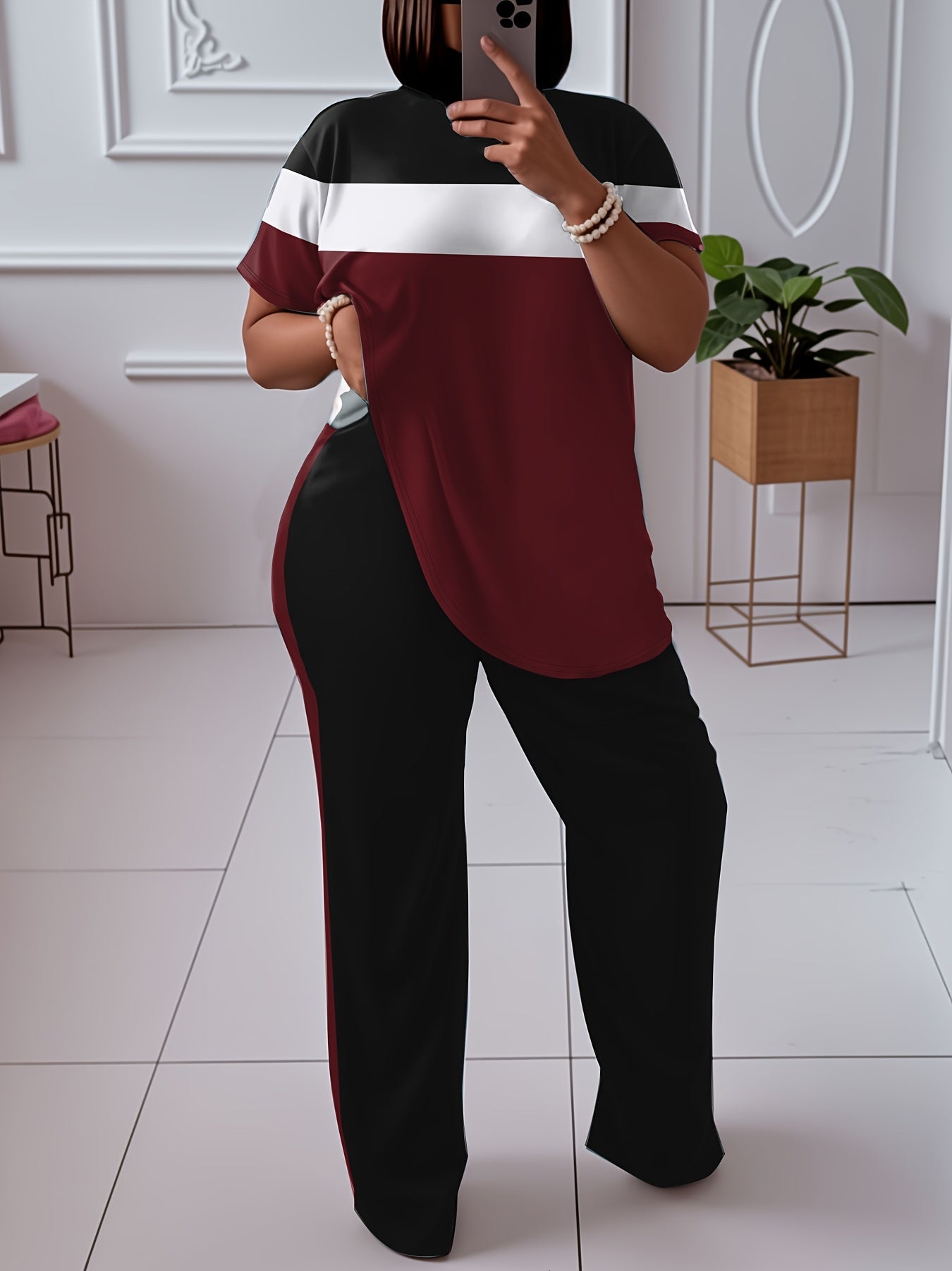 Women's Two-Piece Pants Set - Color Block – Yellow / Burgundy detail view
