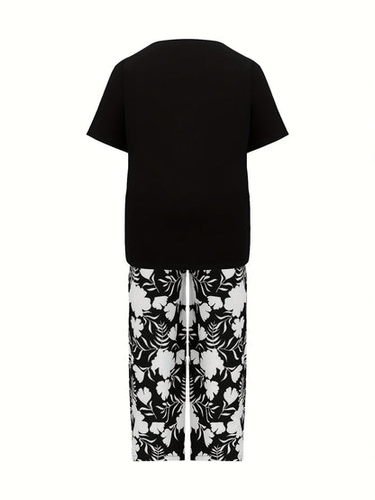 Women's Two-Piece Pants Set - Floral Print Casual Matching Outfit – Blue / Black detail view