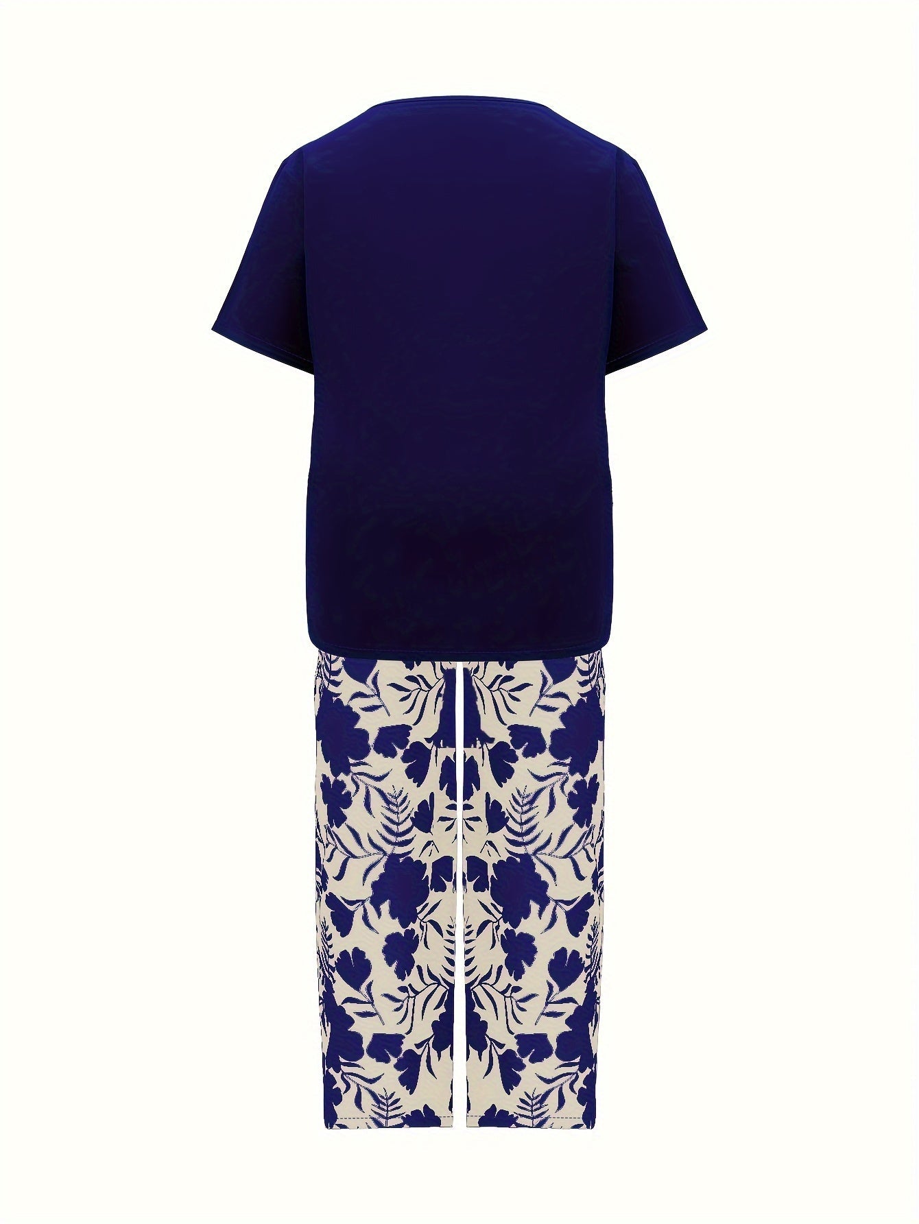 Women's Two-Piece Pants Set - Floral Print Casual Matching Outfit – Blue / Black detail view