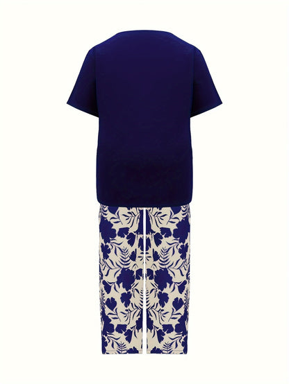 Women's Two-Piece Pants Set - Floral Print Casual Matching Outfit – Blue / Black detail view