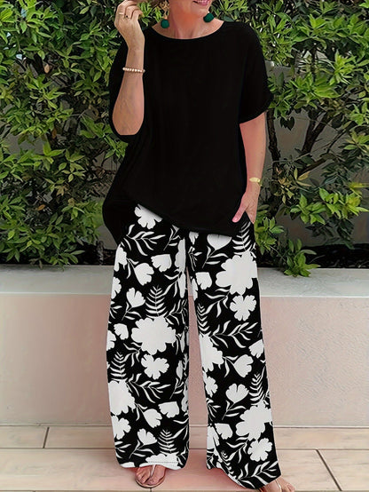 Women's Two-Piece Pants Set - Floral Print Casual Matching Outfit – Blue / Black detail view