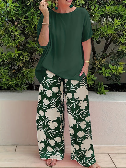 Women's Two-Piece Pants Set - Floral Print Casual Matching Outfit – Blue / Black – Blue option – main product image