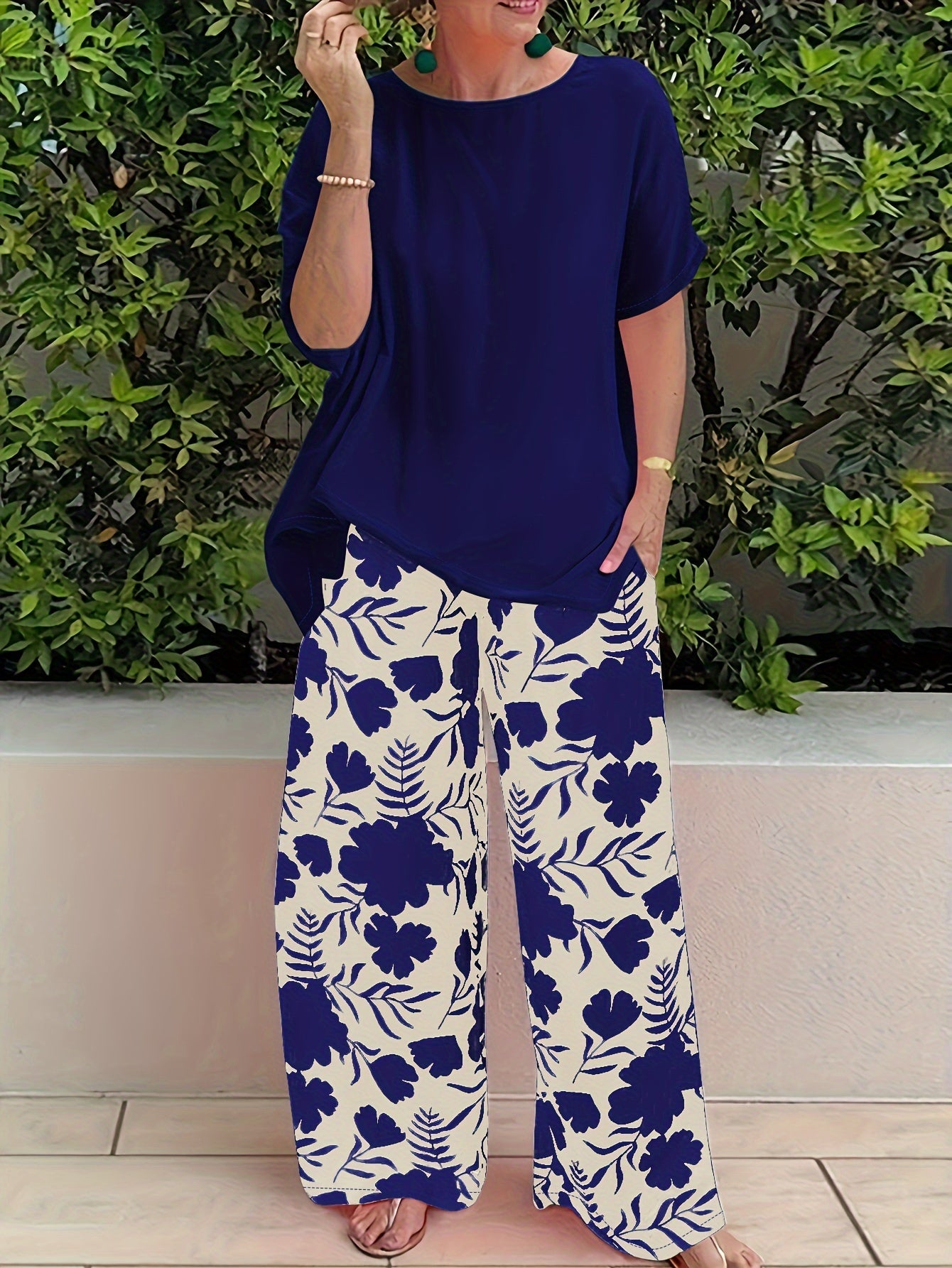 Women's Two-Piece Pants Set - Floral Print Casual Matching Outfit – Blue / Black – Blue option – view 3