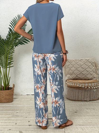 Women's Two-Piece Pants Set - Floral Print Casual Matching Outfit – Sizes S–M detail view