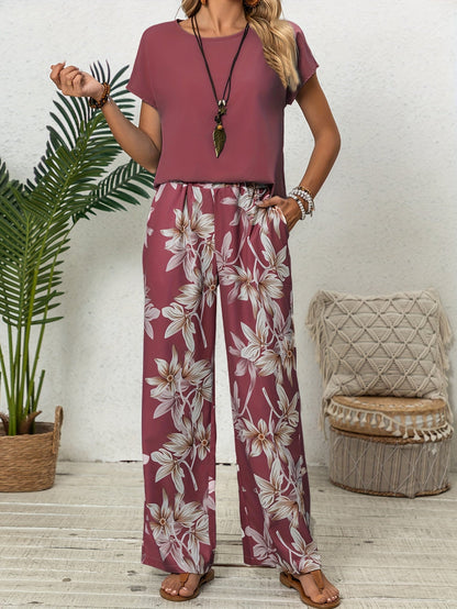 Women's Two-Piece Pants Set - Floral Print Casual Matching Outfit – Sizes S–M detail view