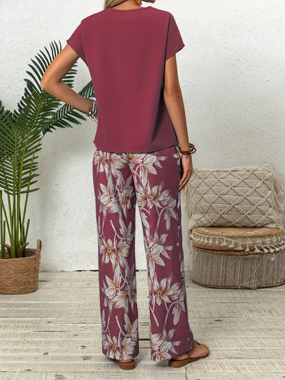 Women's Two-Piece Pants Set - Floral Print Casual Matching Outfit – Sizes S–M detail view
