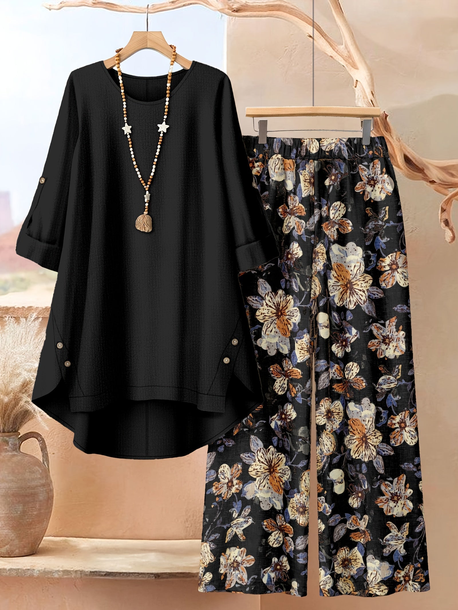 Women's Two-Piece Pants Set - Floral Print – Sizes 0XL–5XL – view 11