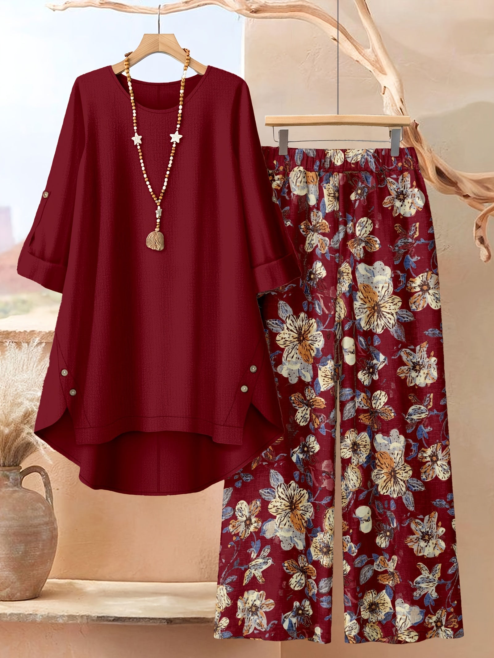 Women's Two-Piece Pants Set - Floral Print – Sizes 0XL–5XL – view 12