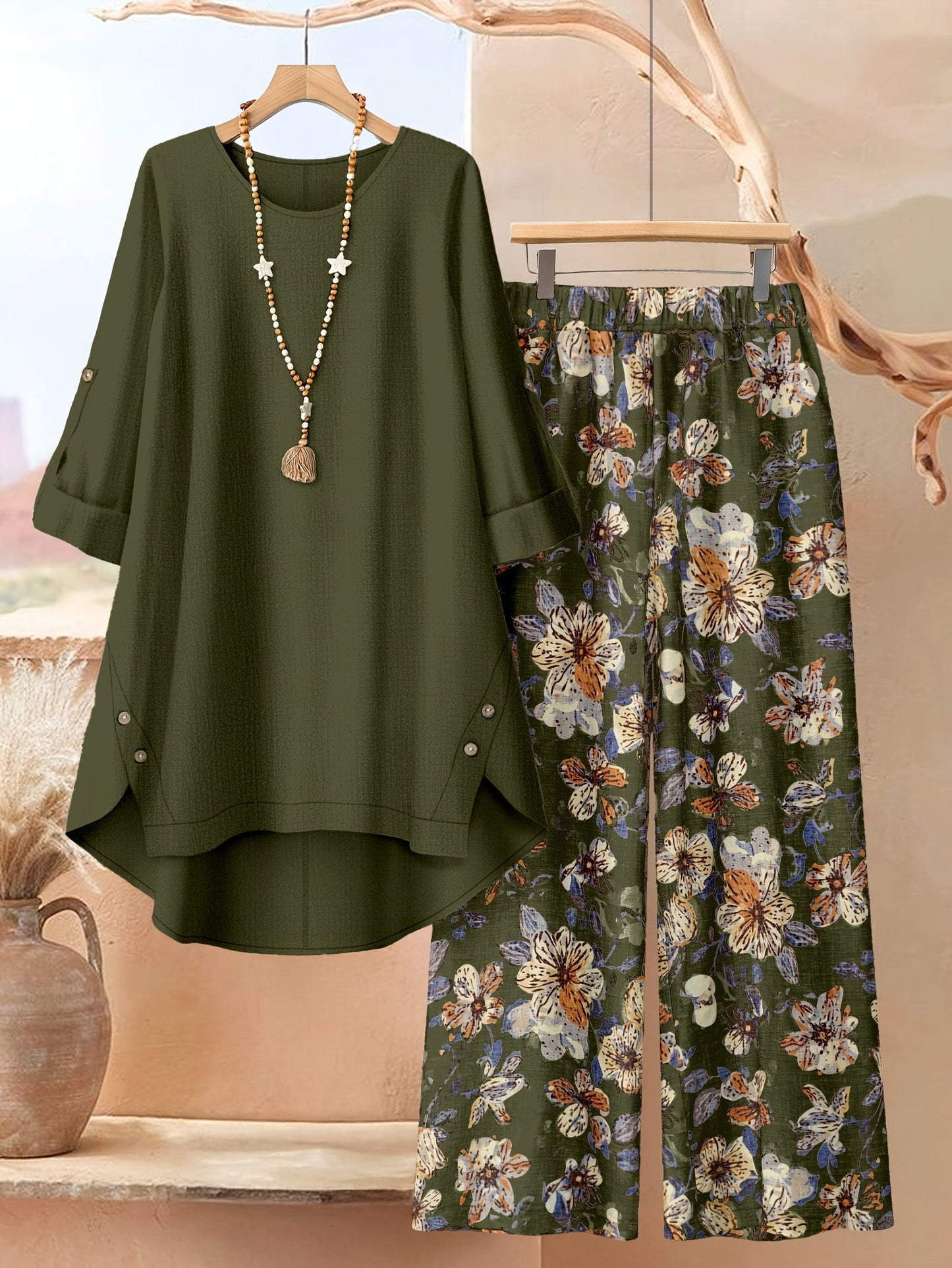 Women's Two-Piece Pants Set - Floral Print – Sizes 0XL–5XL – Khaki option – view 3