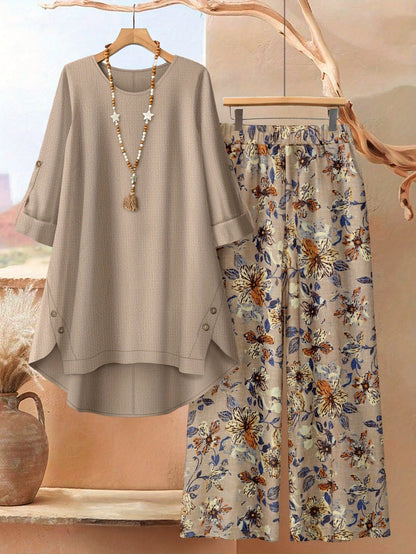 Women's Two-Piece Pants Set - Floral Print – Sizes 0XL–5XL – Khaki option – view 4