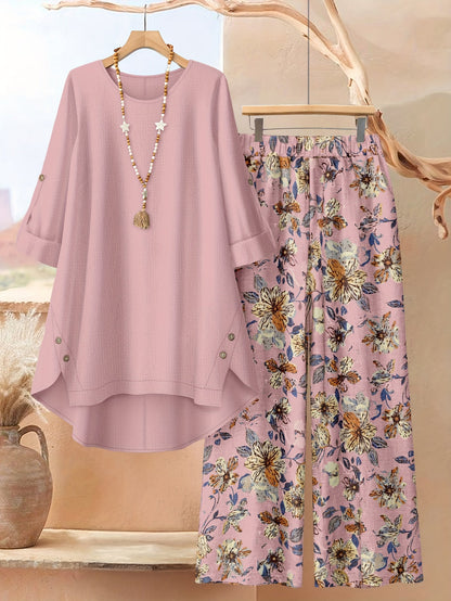 Women's Two-Piece Pants Set - Floral Print – Sizes 0XL–5XL – Khaki option – view 6
