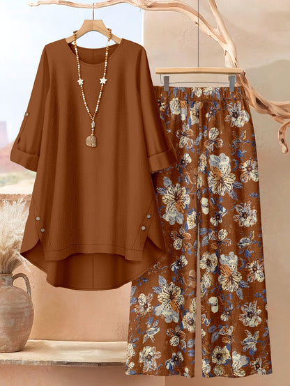 Women's Two-Piece Pants Set - Floral Print – Sizes 0XL–5XL – Khaki option – view 8