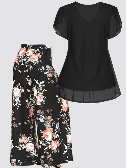 Women's Two-Piece Pants Set - Floral Print – Sizes 1XL–5XL detail view