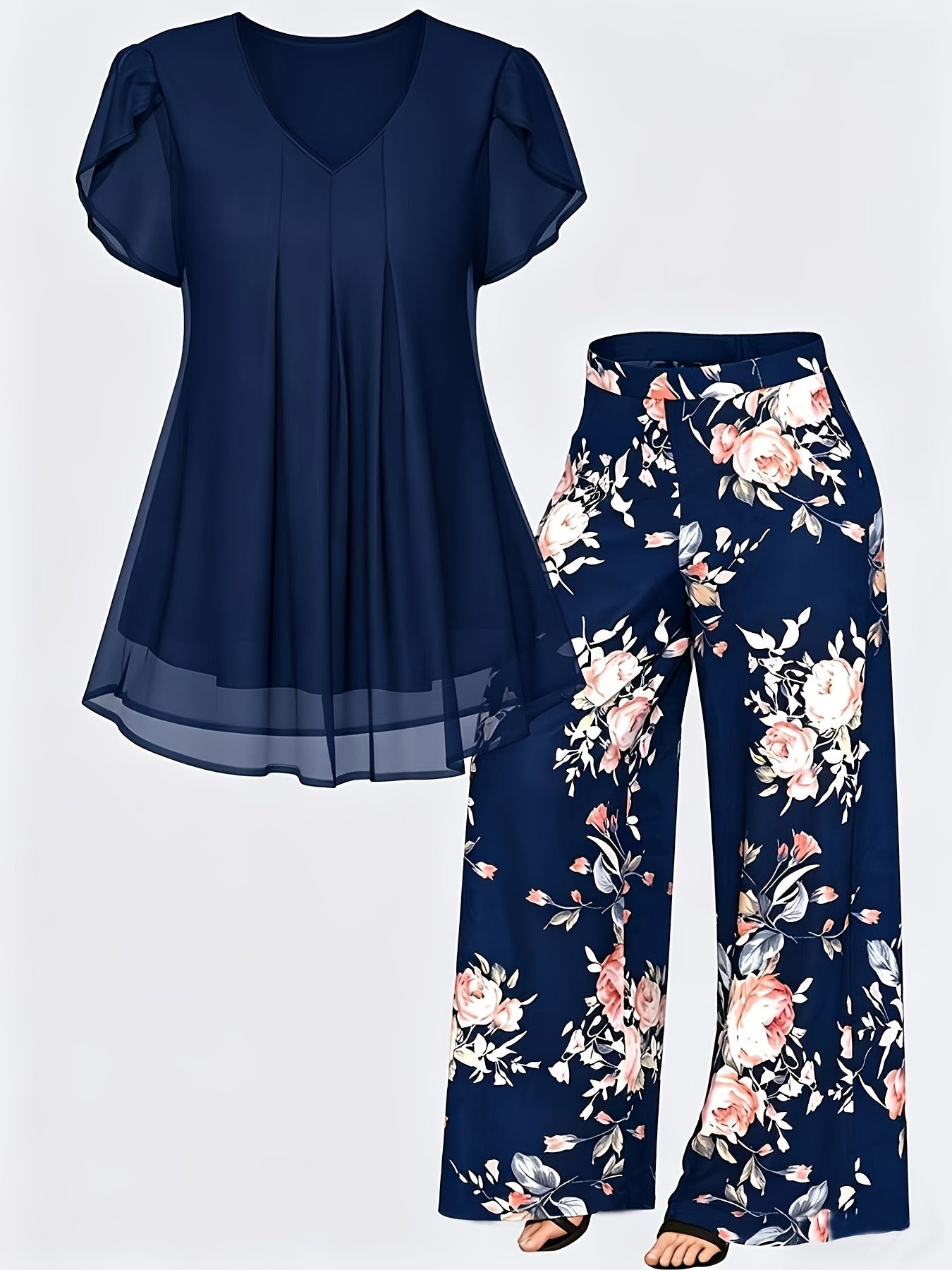 Women's Two-Piece Pants Set - Floral Print – Sizes 1XL–5XL detail view