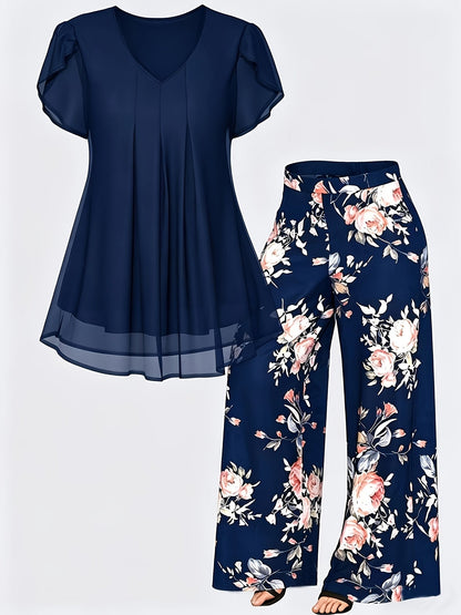 Women's Two-Piece Pants Set - Floral Print – Sizes 1XL–5XL detail view