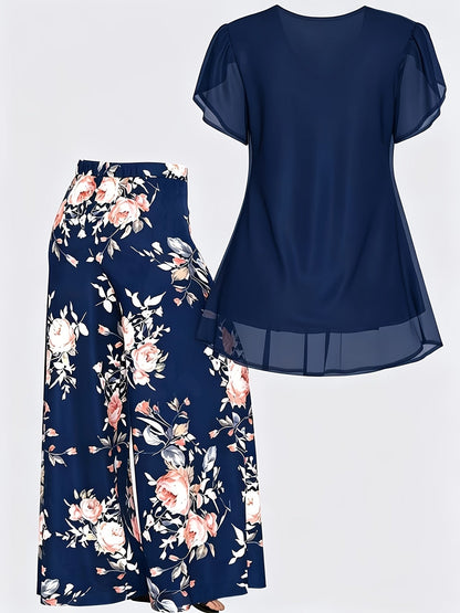 Women's Two-Piece Pants Set - Floral Print – Sizes 1XL–5XL detail view