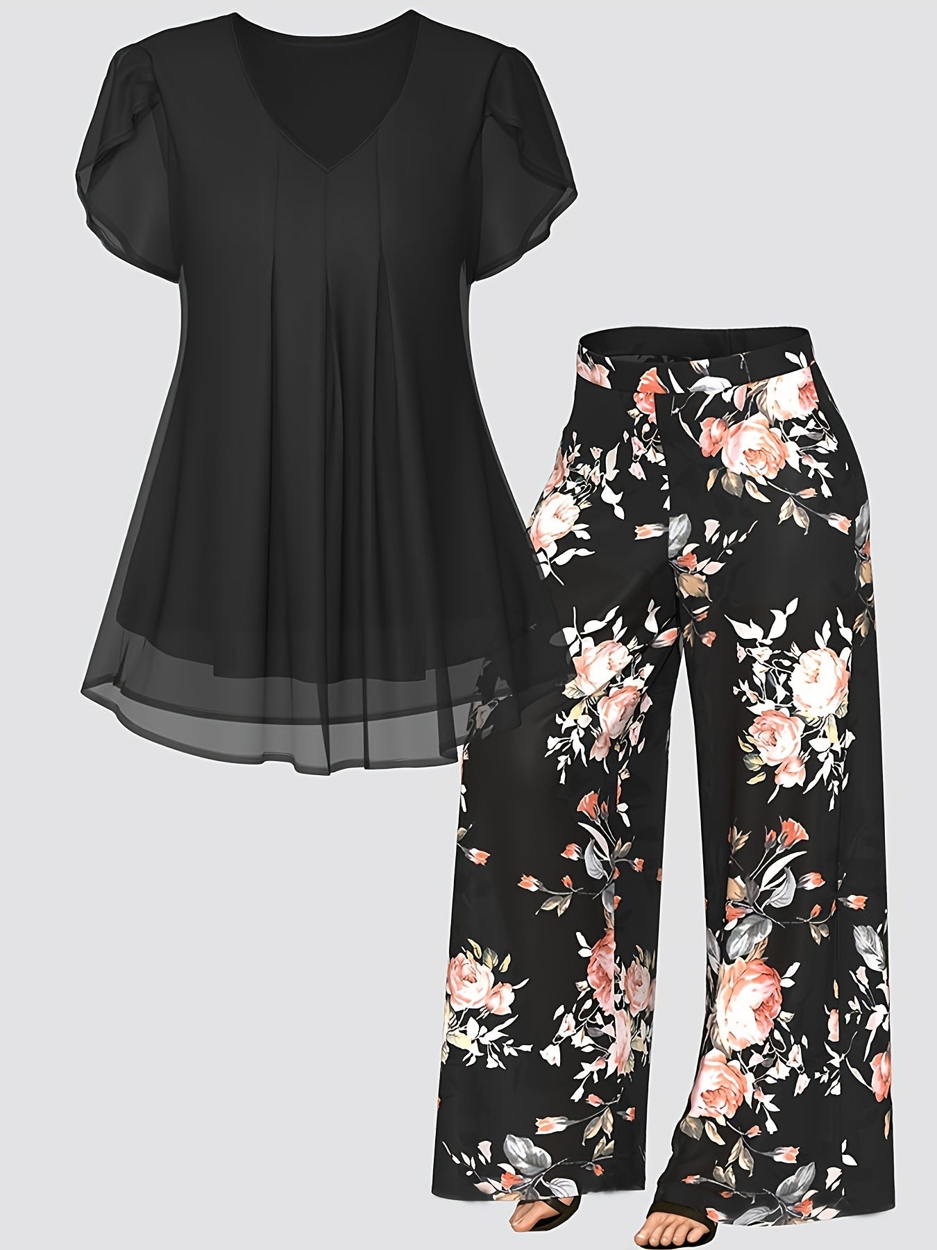 Women's Two-Piece Pants Set - Floral Print – Sizes 1XL–5XL – Black option – view 2