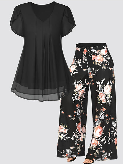 Women's Two-Piece Pants Set - Floral Print – Sizes 1XL–5XL – Black option – view 2